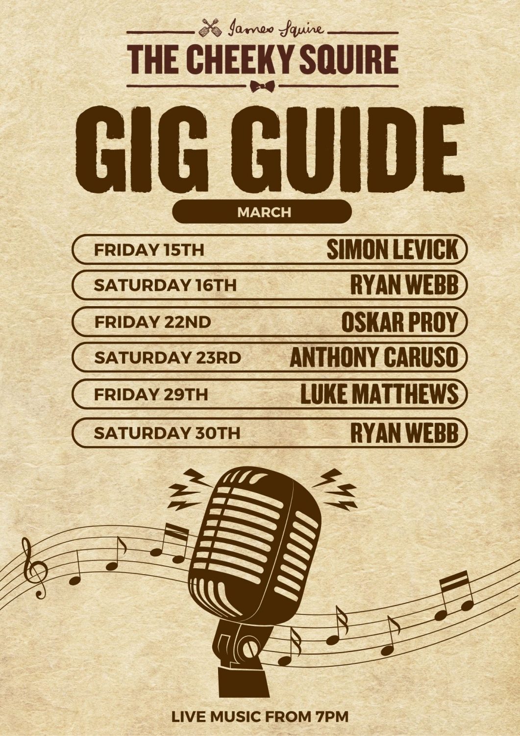 March Gig Guide - The Cheeky Squire